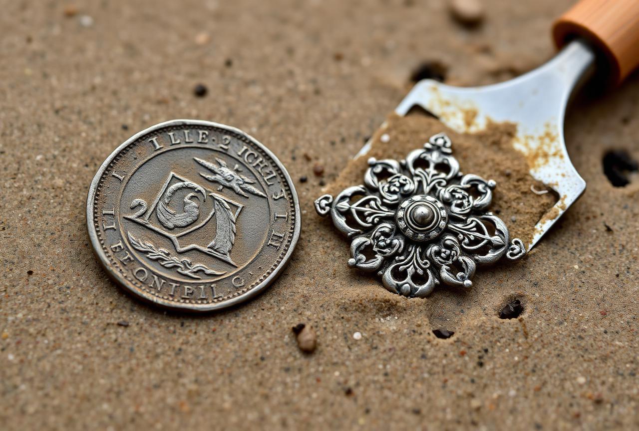 Monnaie d'argent oxydée et fibule ouvragée posées sur le sable mouillé à côté d'une truelle de fouille