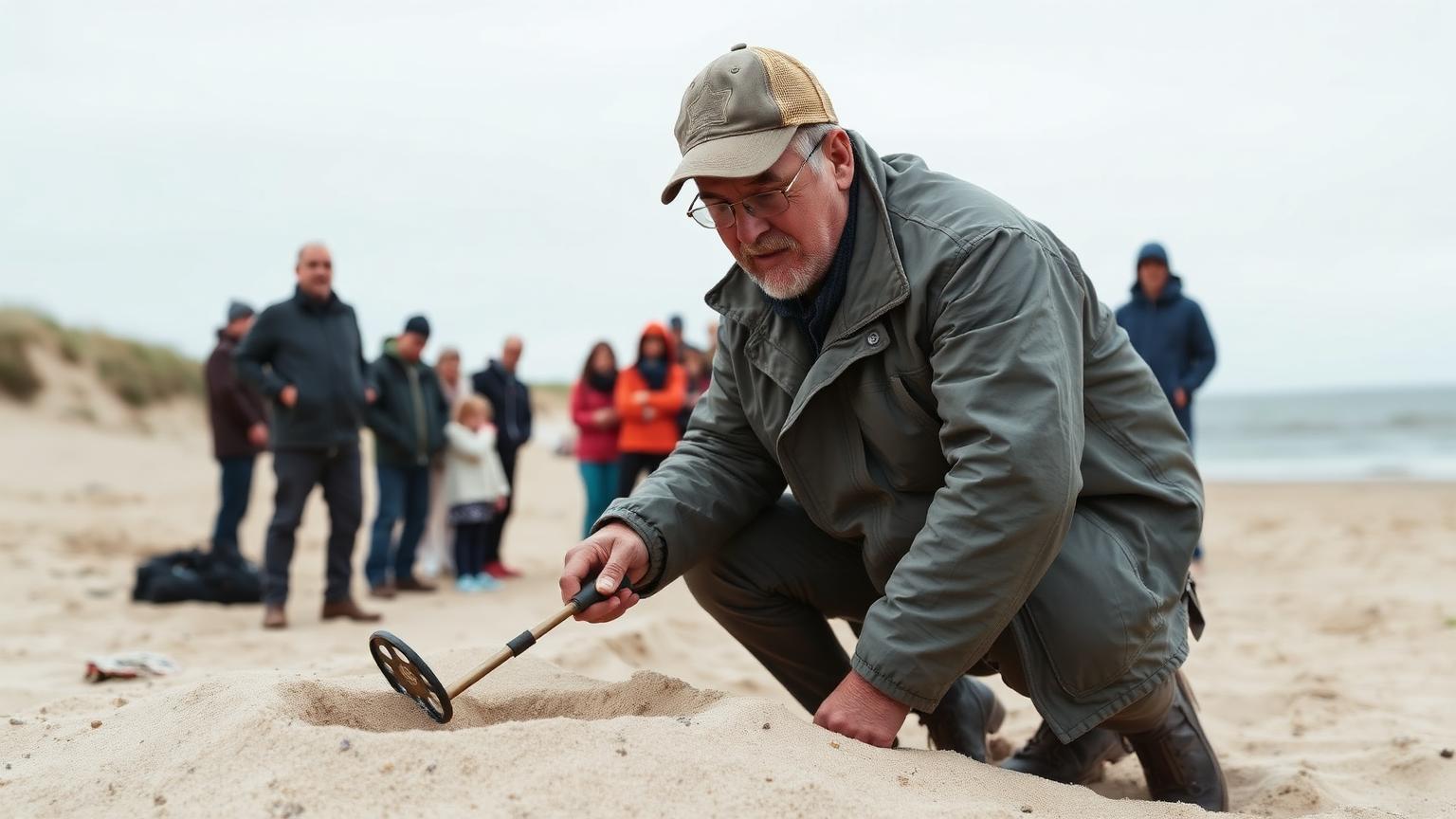 Homme accroupi avec un détecteur de métaux près d'un petit trou dans le sable sur une plage française, une grappe de curieux l'observe